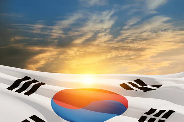 stock image Waving South Korea flag on sunset sky. Background with place for your text. 3d-rendering.