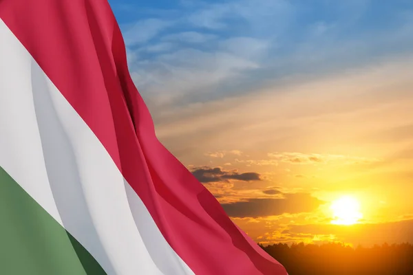 Waving Flag Hungary Sunset Sky Independence Day National Day Background — Zdjęcie stockowe
