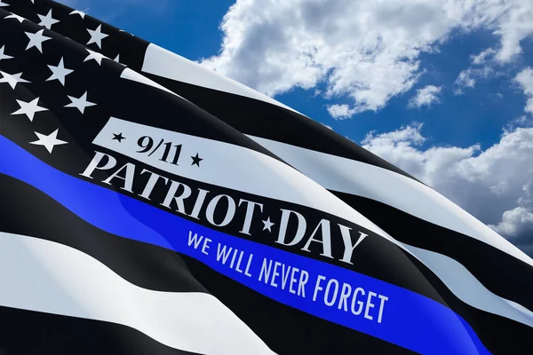American flag with police support symbol Thin blue line on blue sky background. Remembering, memories on fallen people on september 11, 2001. Patriot day. 3d image.