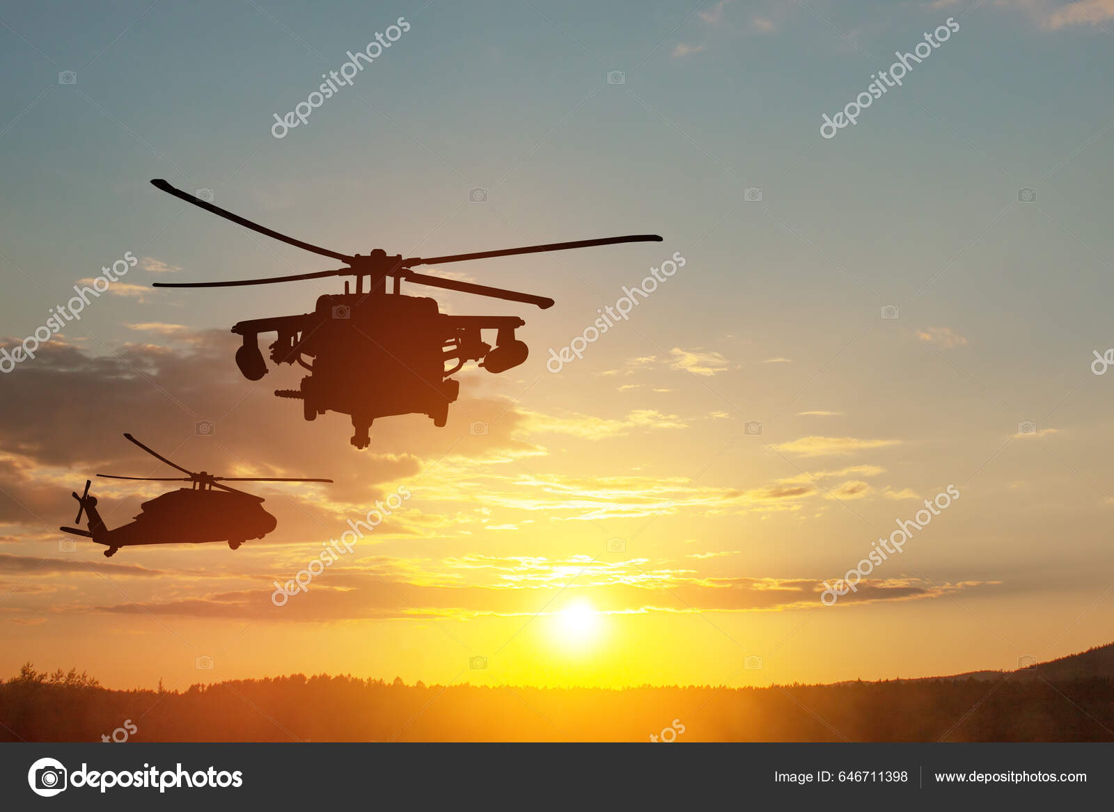 Siluetas Helicópteros Fondo Puesta Del Sol Tarjeta Felicitación Para Día —  Foto de stock #646711398 © vadimrysev, image size:1600x1167