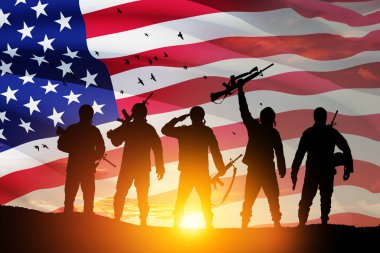 USA army soldiers on a background of sunset or sunrise and USA flag. Greeting card for Veterans Day, Memorial Day, Independence Day. America celebration. 3D-rendering.