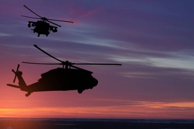 Gün batımının arka planında helikopter siluetleri. Gaziler Günü için tebrik kartı, Anma Günü, Hava Kuvvetleri Günü. ABD kutlaması.