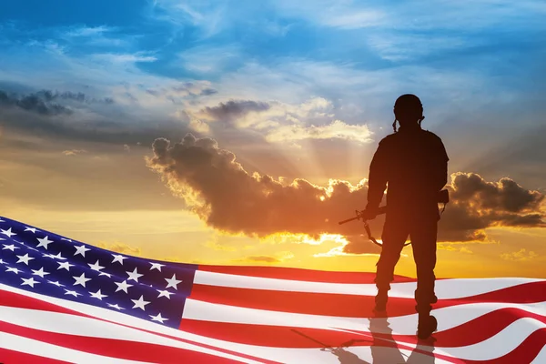 Outgoing Soldier Nation Flag Background Sunset Sunrise Greeting Card Veterans — Stock Photo, Image