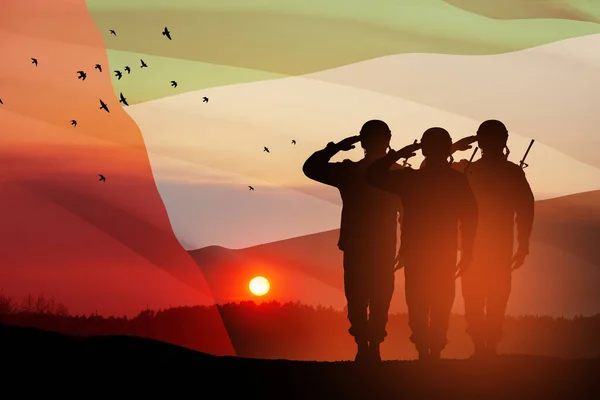 Silhouettes Soldiers Saluting Background Uae Flag Sunset Sunrise Concept National — ストック写真