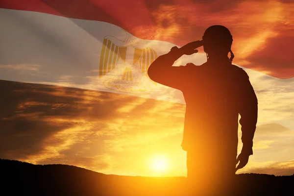 Double Exposure Silhouette Solider Sunset Sunrise Flag Egypt Closeup Greeting — Stok fotoğraf