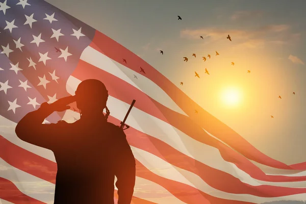 Usa Army Soldier Saluting Background Sunset Sunrise Usa Flag Greeting — Foto de Stock
