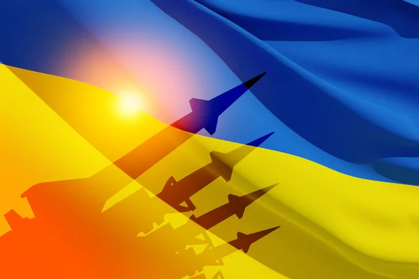 Sziluett Rakéták Hátterében Zászló Ukrajna Nap Fegyverkoncepció Renderelés — Stock Fotó