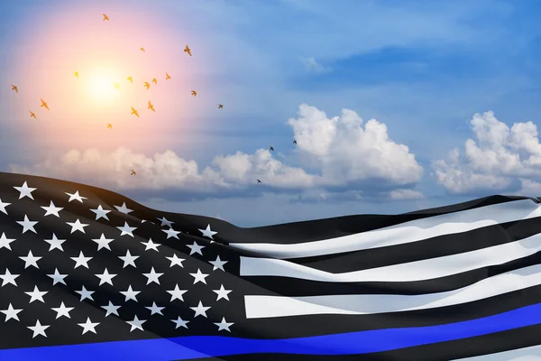 American flag with police support symbol Thin blue line on blue sky with birds. American police in society as the force which holds back chaos, allowing order and civilization to thrive. 3d-rendering.