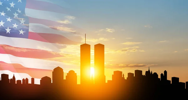 New York Skyline Silhouette Twin Towers Usa Flag Sunset 2001 — Stock Photo, Image