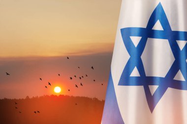 Israel flag with a star of David over cloudy sky background with flying birds on sunset. Patriotic concept about Israel with national state symbols. Banner with place for text.