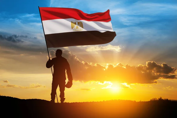 砂漠の日の出に対するエジプトの旗を持つ兵士のシルエット エジプトの武装勢力 独立記念日 記念日 軍隊の日 シナイ解放の日の挨拶カード — ストック写真
