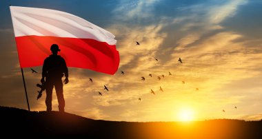 Silhouette of soldier with national flag on background of sunset. Polish Armed Forces. Armed Forces of the Republic of Poland. Polish army.