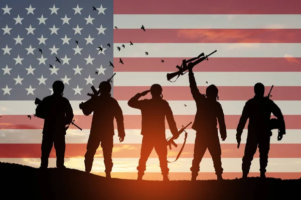 Usa Army Soldiers Background Sunset Sunrise Usa Flag Greeting Card — Stockfoto