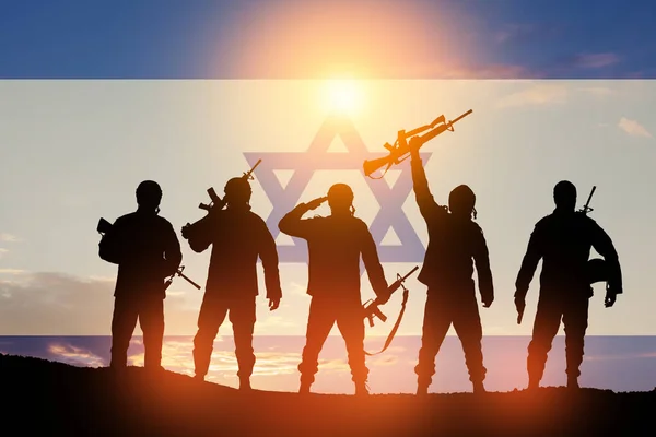 Silhouettes Soldiers Sunrise Desert Israel Flag Concept Armed Forces Israel — Stock Photo, Image