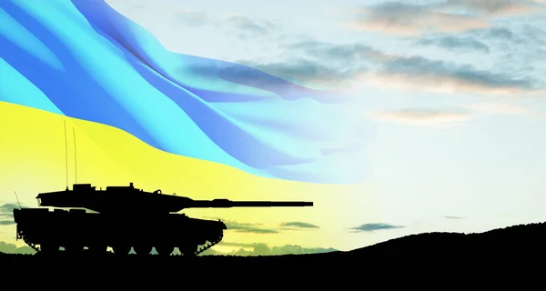 Silhouette Army Tank Sunset Sky Background Ukrainian Flag Shipping Huge — 图库照片