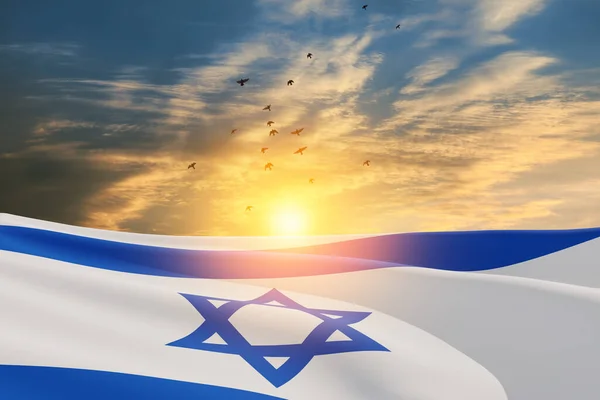 Flaga Izraela Gwiazdą Dawida Nad Zachmurzonym Tle Nieba Latającymi Ptakami — Zdjęcie stockowe