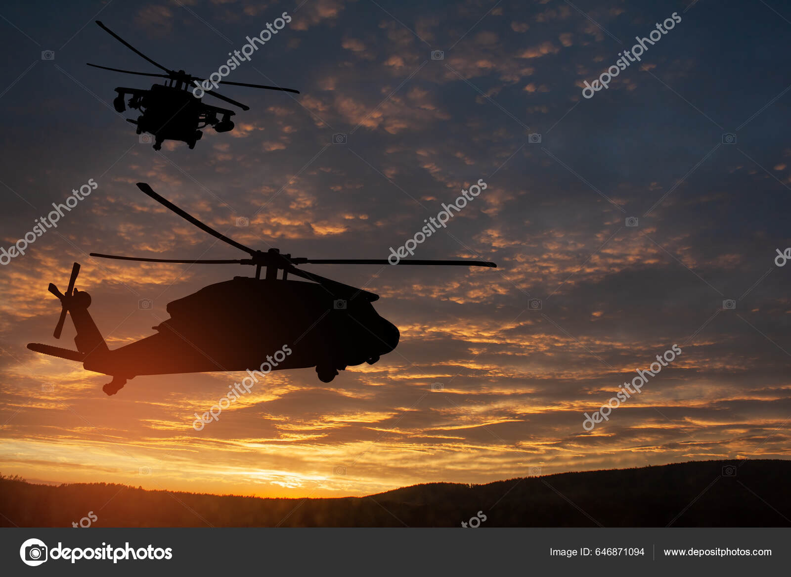 Siluetas Helicópteros Fondo Puesta Del Sol Tarjeta Felicitación Para Día —  Foto de stock #646871094 © vadimrysev, image size:1600x1167
