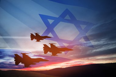 Aircraft silhouettes on background of sunset with a transparent waving Israel flag. Military aircraft. Independence day. Air Force Day.