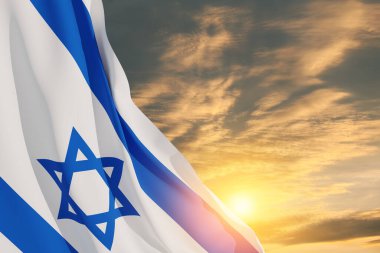 Israel flag with a star of David over cloudy sky background on sunset. Patriotic concept about Israel with national state symbols. Banner with place for text. clipart