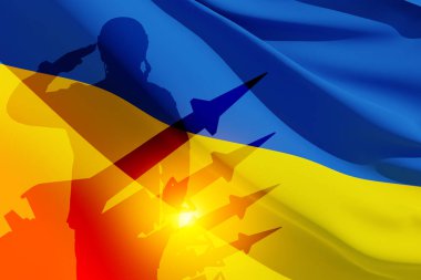 Silhouette of Ukrainian soldier in uniforms and missiles on background of the Ukraine flag. Military recruitment concept. 3d rendering. clipart