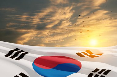 Gün batımında uçan kuşlarla Güney Kore bayrağı sallıyordu. Mesajınız için arka planda yer alın. 3d oluşturma.