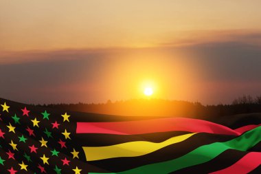 Alternative Juneteenth Flag with sunrise or sunset. Since 1865. Design of Banner with place for text. 3d-rendering.