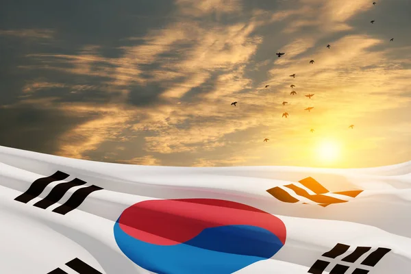 Mává Jihokorejskou Vlajkou Západě Slunce Létajícími Ptáky Pozadí Místem Pro — Stock fotografie