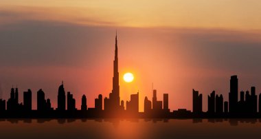 Birleşik Arap Emirlikleri, gün batımında Dubai silueti manzarası. BAE kutlaması. Ulusal Gün, Bayrak Günü, Anma Günü, Şehitler Günü.