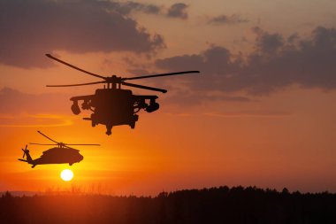 Gün batımının arka planında helikopter siluetleri. Gaziler Günü için tebrik kartı, Anma Günü, Hava Kuvvetleri Günü. ABD kutlaması.