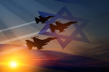 Aircraft silhouettes on background of sunset with a transparent waving Israel flag. Military aircraft. Independence day. Air Force Day.
