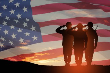 Amerikan askerleri günbatımı, gün doğumu ve ABD bayrağını selamlıyor. Gaziler Günü için tebrik kartı, Anma Günü, Bağımsızlık Günü. Amerika kutlaması. 3 Boyutlu Hazırlama.