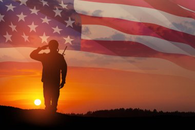 USA army soldier saluting on a background of sunset or sunrise and USA flag. Greeting card for Veterans Day, Memorial Day, Independence Day. America celebration. 3D-rendering.