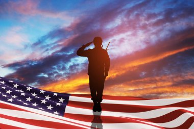 USA army soldier saluting with nation flag on a background of sunset or sunrise. Greeting card for Veterans Day, Memorial Day, Independence Day. America celebration. 3D-rendering.