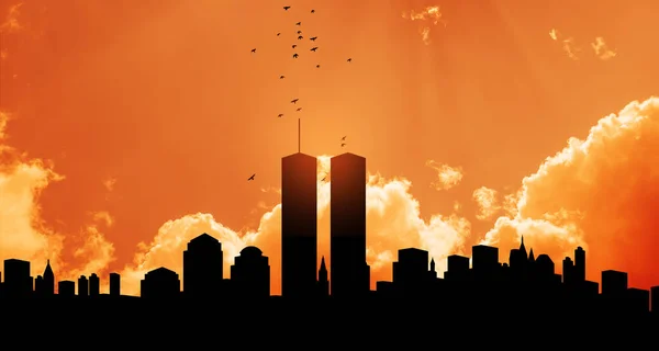 New York skyline silhouette with Twin Towers and birds flying up like souls at sunset. 09.11.2001 American Patriot Day banner.