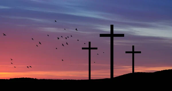 Христианин Крест Холме Рассвете Воскрешение Иисуса Концепция Фото — стоковое фото