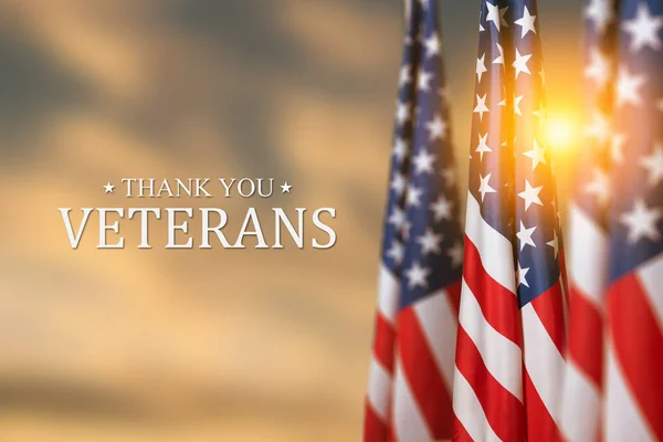 American flags with Text Thank You Veterans on sunset background. American holiday banner.