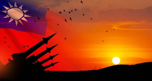 stock image The missiles are aimed at the sky at sunset with Taiwan flag. Nuclear bomb, chemical weapons, missile defense, a system of salvo fire. 3d-rendering.