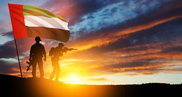 Silhouettes Soldiers Flag Uae Sunset Sunrise Concept National Holidays Commemoration — Stockfoto
