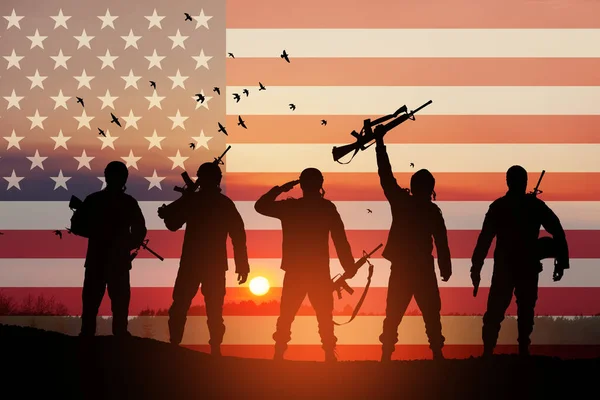 Usa Army Soldiers Background Sunset Sunrise Usa Flag Greeting Card — Stock Photo, Image
