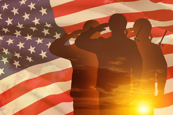 Silhouettes Soldiers Print Sunset Saluting Background Usa Flag Sky Greeting — Stock Photo, Image