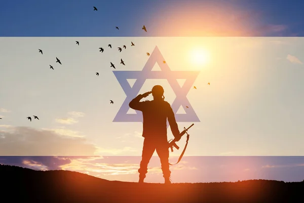 Silhouette Soldier Saluting Sunrise Desert Israel Flag Concept Armed Forces — Stockfoto