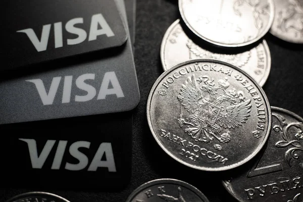 Rublos Rusos Mastercard Visa Tarjeta Electrónica Plástico Sanciones Financieras Contra — Foto de Stock