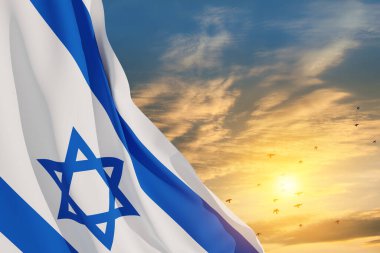 Israel flag with a star of David over cloudy sky background with flying birds on sunset. Patriotic concept about Israel with national state symbols. Banner with place for text.