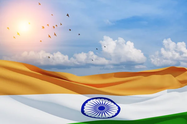 Waving India flag on blue cloudy sky with flying birds. Background with place for your text. Indian independence day, 15 August. 3d-rendering.