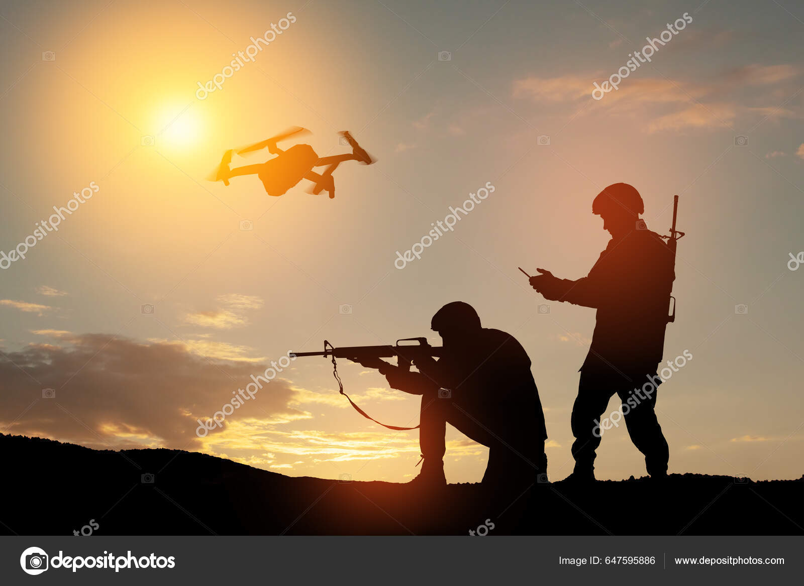 Silhouettes Soldiers Using Drone Laptop Computer Scouting Military  Operation Backdrop — Foto de stock #647595886 © vadimrysev, image size:1600x1167