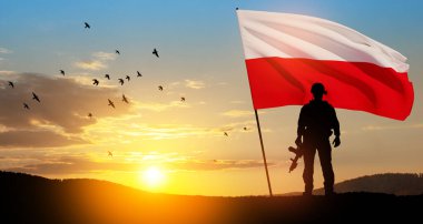 Silhouette of soldier with national flag on background of sunset. Polish Armed Forces. Armed Forces of the Republic of Poland. Polish army.