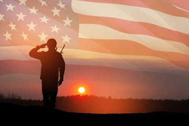 USA army soldier saluting on a background of sunset or sunrise and USA flag. Greeting card for Veterans Day, Memorial Day, Independence Day. America celebration. 3D-rendering.
