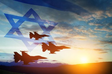 Aircraft silhouettes on background of sunset with a transparent waving Israel flag. Military aircraft. Independence day. Air Force Day. clipart
