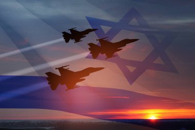 Aircraft silhouettes on background of sunset with a transparent waving Israel flag. Military aircraft. Independence day. Air Force Day.