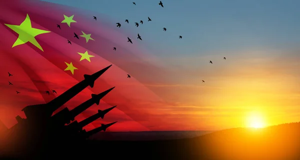Ракеты Нацелены Небо Закате Китайским Флагом Ядерная Бомба Химическое Оружие — стоковое фото